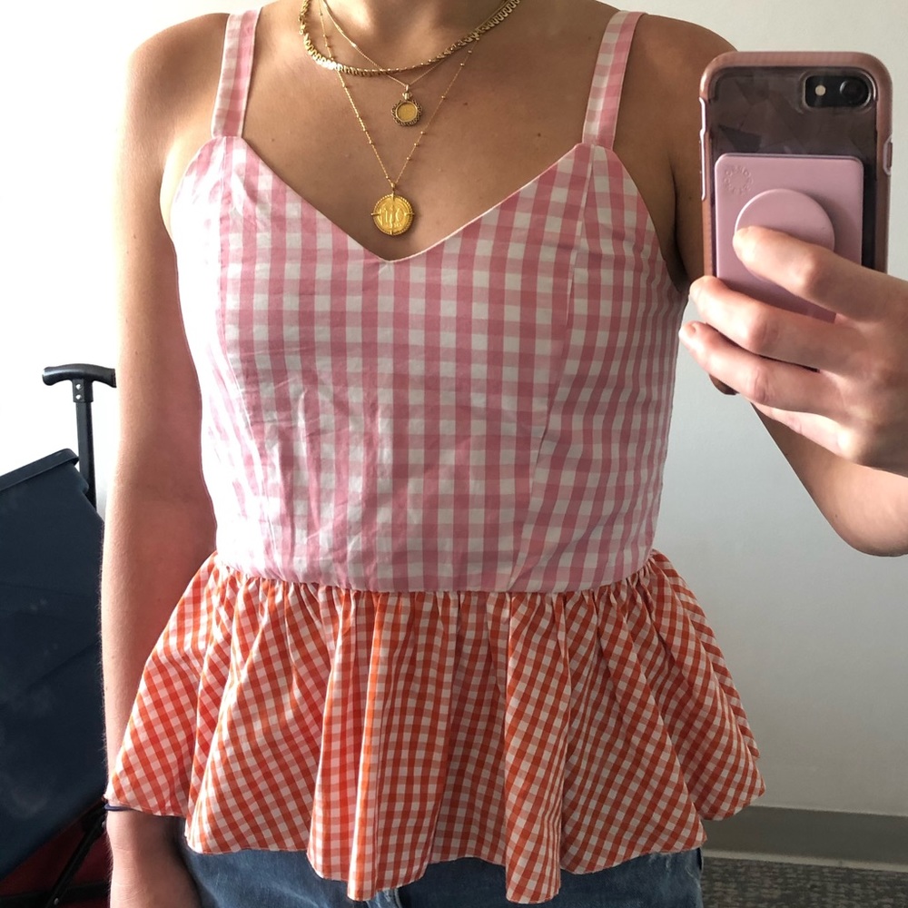 Gingham Color Block Pink+Orange Ruffle Top